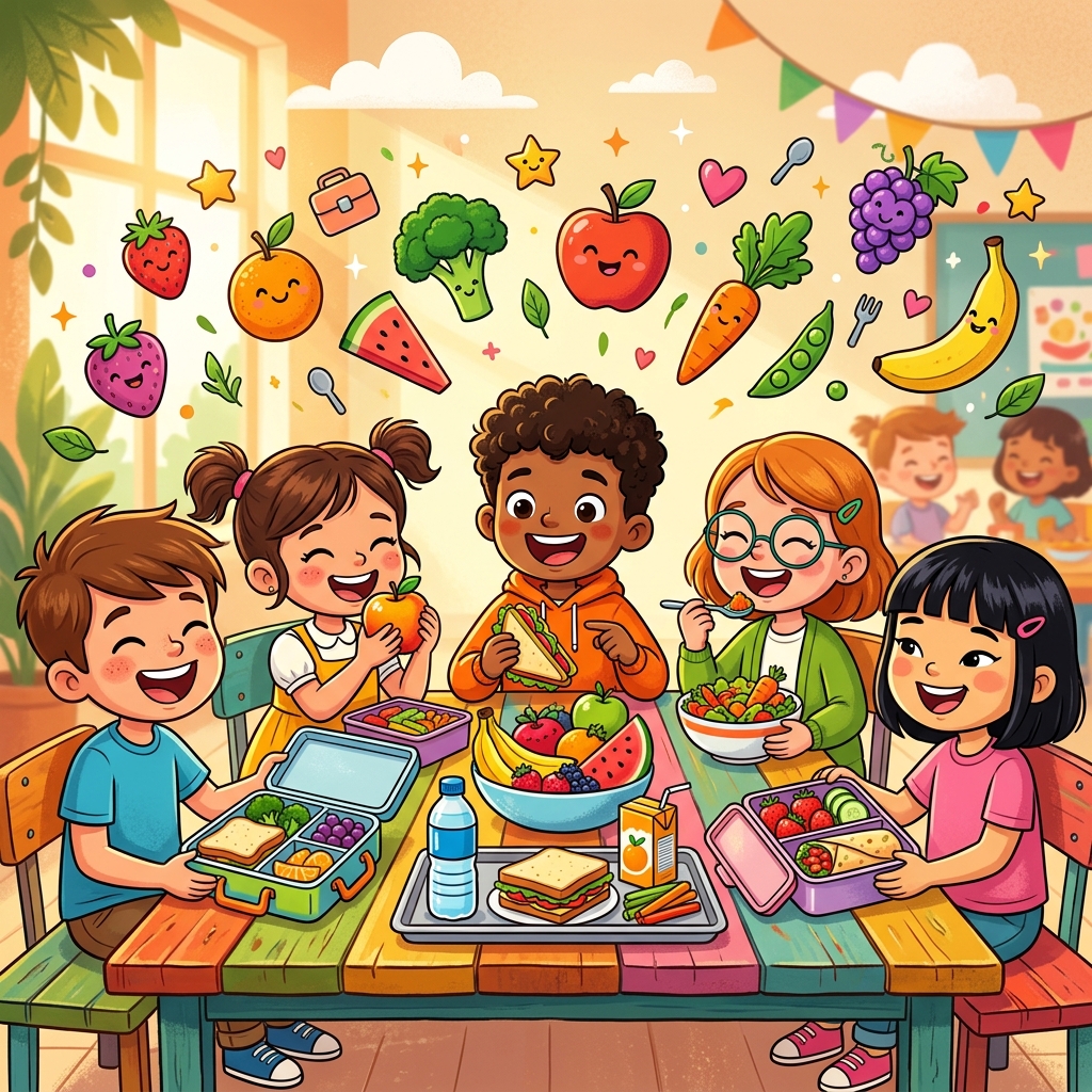 Happy kids with fresh school meals